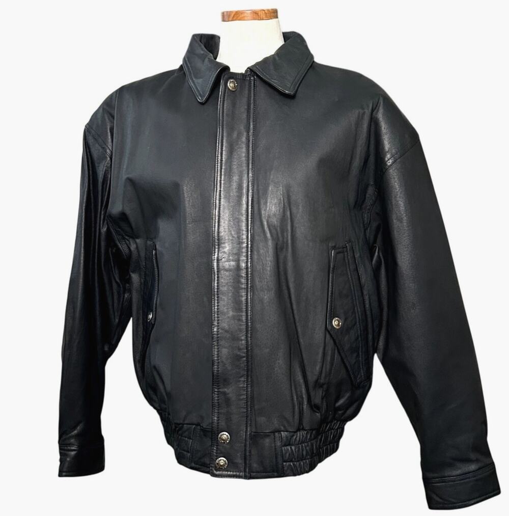 Vintage Matte Black St Johns Bay Leather Bomber Jacket SIZE L Quilted Fall 90s